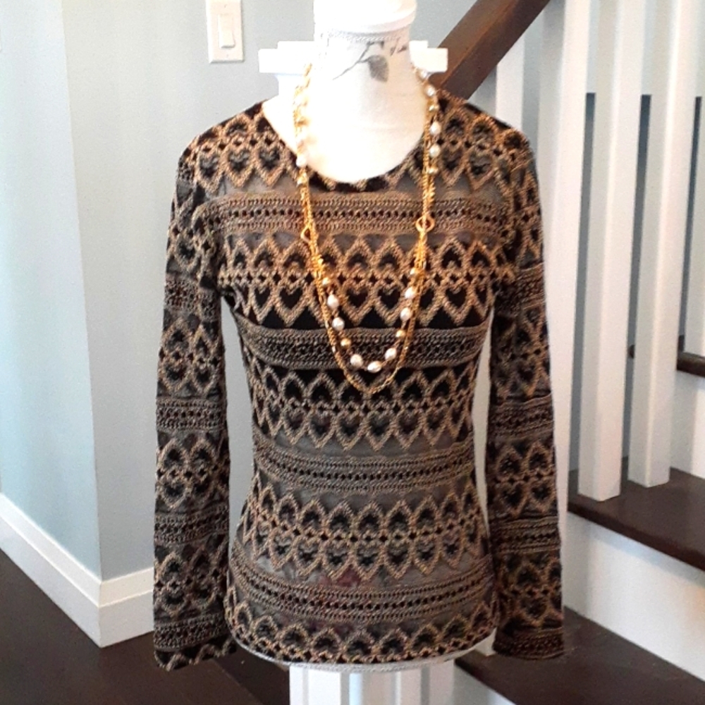 + Topaz long sleeved black and gold stretch lace top